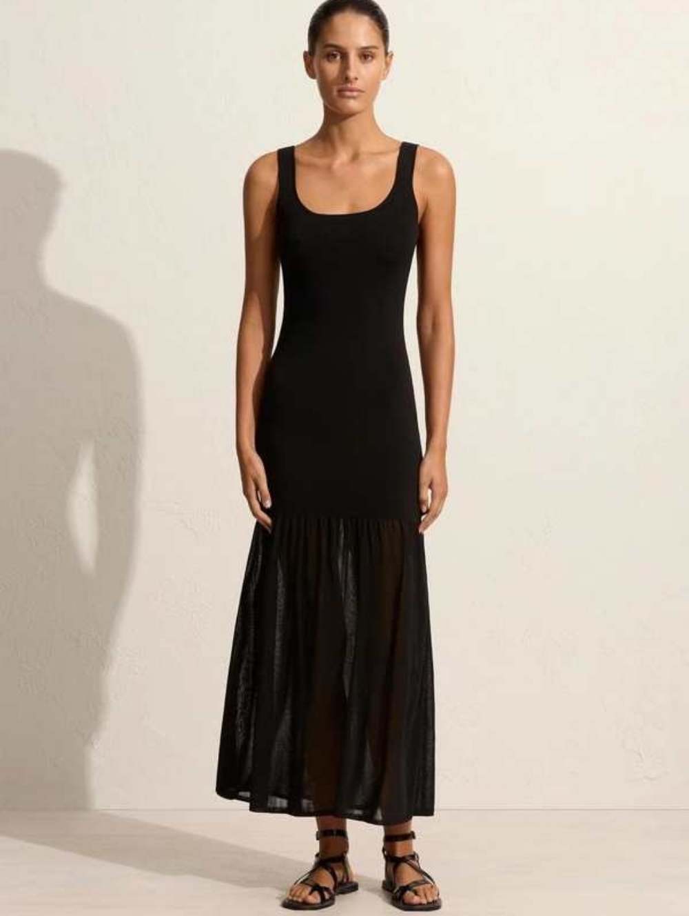 Matteau Black Scoop Neck Tank Maxi with Sheer Lower Skirt (Size 3)